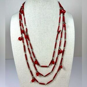 Vintage Opera Length Necklace Red Glass Bugle Beads Lucite Dangles MCM Mod Retro